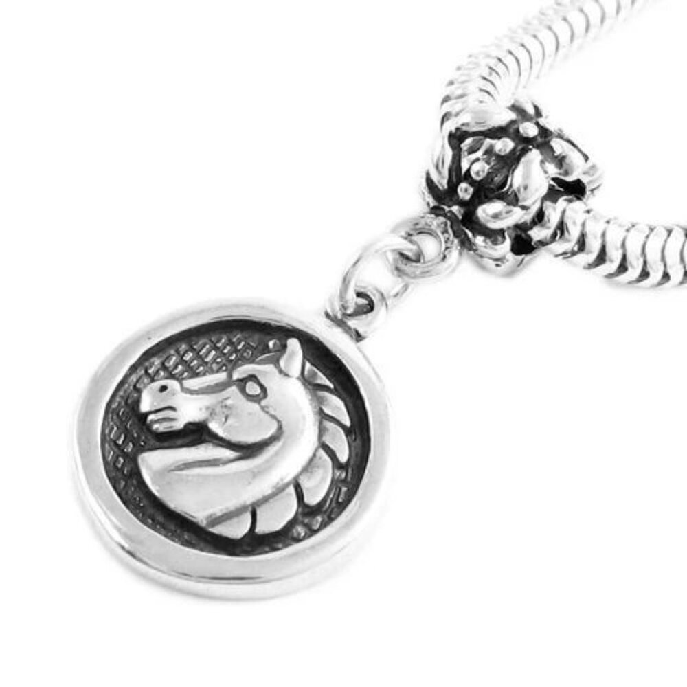 HORSEHEAD MEDALLION WITH EURO BEAD CHARM IN STERLING SILVER.